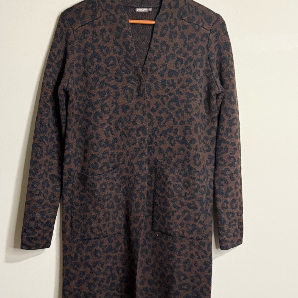 J. McLaughlin Brown and Black Anima Print long Line Snap Front Knit Cardigan
